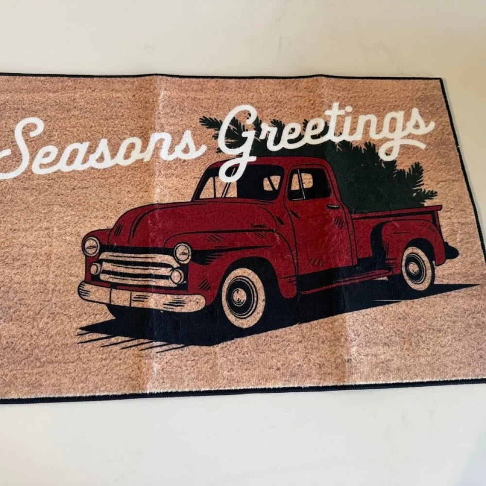Seasons Greetings Red Vintage Truck Christmas Tree Doormat Rug Holiday Decor